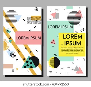 Artistic vector flyers design templates in trendy geometric 80s 90s style. Fashionable shop, social media, invitations, advertisement, marketing design templates