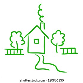 Artistic vector green sketch of cottage, trees and fence