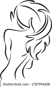 Dibujo artístico vectorial de una joven elegante aislada en fondo blanco. Icono de modelo de chica de moda. Parte posterior de la hermosa Mujer con el pelo largo. Ilustración de belleza, diseño de logotipo. 