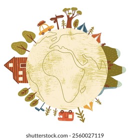 An artistic vector hand drawn poster showcasing local domestic rural travelling theme trend, including hiking and trailing scenery, all set on a globe, symbolizing globalization of local travelling.