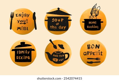 Conjunto de iconos de vectores artísticos, tema de cocina de escaparate, incluye cocina casera, sopa del día y otros Elementos de diseño utilizados en el menú del restaurante. Pictogramas negros de alto contraste contra círculos naranjas.