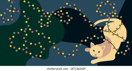 Artistic vector illustration - abstraction with beige cat and multi-colored garland on a blue background. Contemporary style wall decor. Can be used as a banner