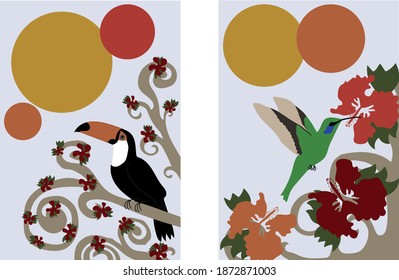 Ilustración vectorial artística - abstracción con aves (toucan y colibrí). Fondo azul, flores rojas. Las formas geométricas pueden etiquetarse y utilizarse como pancarta.