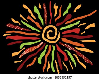 Ilustración vectorial artística - abstracción (sol con rayos multicolor) sobre un fondo negro. Colores: amarillo, naranja, verde y dorado. Se puede utilizar como fondo