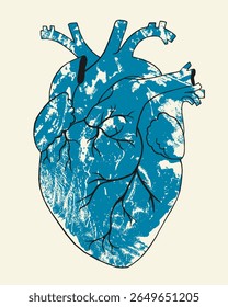 Artistic vector illustration of an anatomical heart with a texture effect in blue on a light background. Symbolizes emotions, human nature, state of mind and inner world