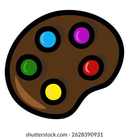Artistic vector illustration of a brown paint palette with vibrant colored paint blobs, perfect for creative projects and design elements.