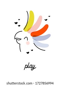 Artistic vector illustration of cheerful cockatoo parrot with rainbow crest. Funny design for cute greeting card or cool poster. Editable stroke