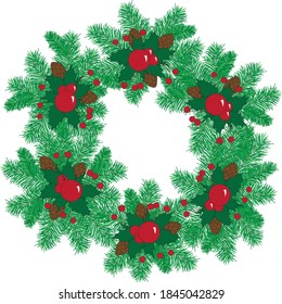 Artistic vector illustration - Christmas wreath with Christmas tree branches and cones. One of the main symbols of Christmas and New Year