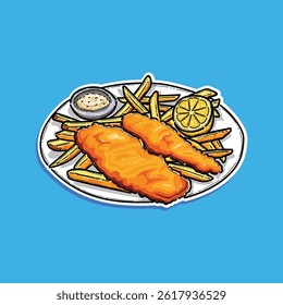 Artistic vector illustration of a classic fish and chips dish served with tartar sauce and a lemon wedge, all on a white plate contrasting against a vivid blue background.