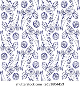Artistic vector illustration of crispy fried fish fillet. Combines gourmet seafood and fresh flavors with nautical marine themes.