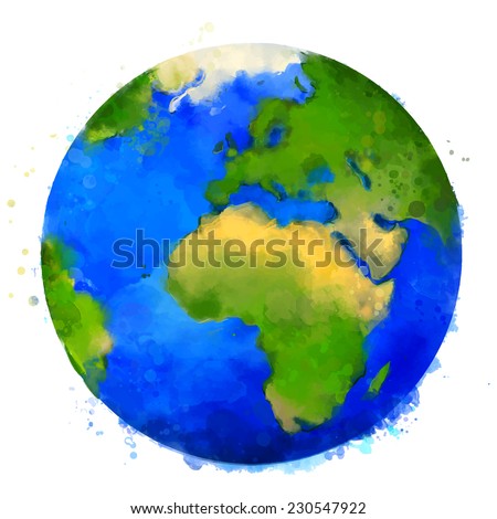 Artistic vector illustration of Earth globe isolated on white background. Watercolor style with swashes, spots and splashes. 