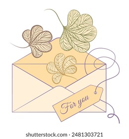 An artistic vector illustration of an elegant envelope adorned with leaves and a "for you" tag, suitable for invitations and gift cards