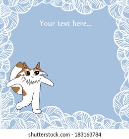 Artistic vector illustration with frame and text area.. Cat on the clouds. Cat, running on the clouds on blue sky background.
