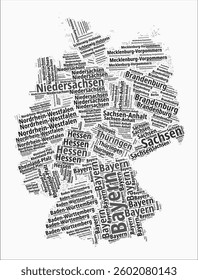 Artistic vector illustration of Germany's regions.  Country region names form word clouds in the German language.  A typographic infographic design.