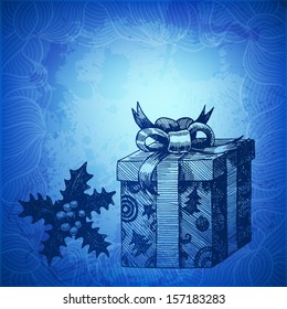 Artistic vector illustration with hand drawn winterberry and gift box