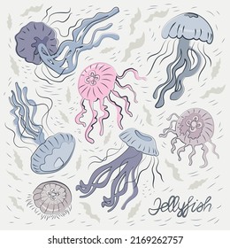 Artistic vector illustration of jellyfish. Hand drawn marine life. Graphics, line, textures