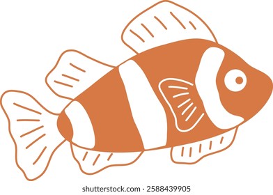 Artistic vector illustration of orange clown fish. Hand drawn silhouette of coral reef fish for souvenir printing. Decorative art with ocean habitat. Isolated on white background sea themed print