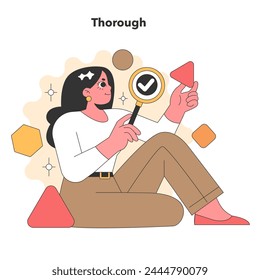 Artistic vector illustration of a person examining details with a magnifying glass, portraying the trait of thoroughness in a charming and colorful style.