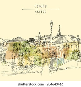 Artistic vector illustration postcard with a touristic city view of Corfu, Greece, Europe. Black ink pen line. Greeting card graphic design template. Retro style sketch. Buildings, palm trees, lamp