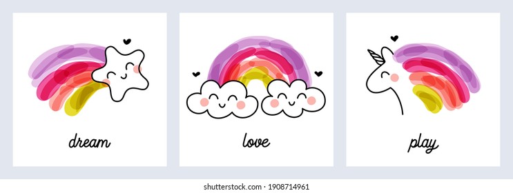 Artistic vector illustration of rainbows with star, clouds and unicorn. Funny design for cute greeting card or cool poster. Editable stroke