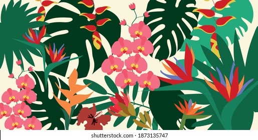 Artistic vector illustration - rainforest abstraction. There are orchid flowers, monstera leaves, palms and other tropical plants and flowers. Beige background