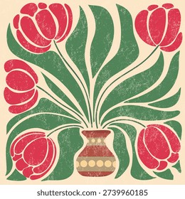 Artistic vector illustration of red tulips in a decorative vase with large green leaves. The grainy texture and vintage aesthetic in a retro groovy style make it perfect for modern wall art, floral posters, and interior design prints.
