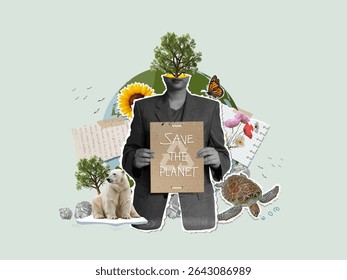 An artistic Vector illustration representing a sustainability message featuring wildlife symbols like turtles and polar bears.