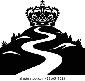 An artistic vector illustration showing a detailed royal crown positioned on a hill at the end of a winding path. Symbolizes journey ambition and the pursuit of power.