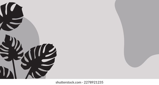 ilustración vectorial artística con siluetas de hojas monsteras con formas geométricas en tonos grises sobre el fondo