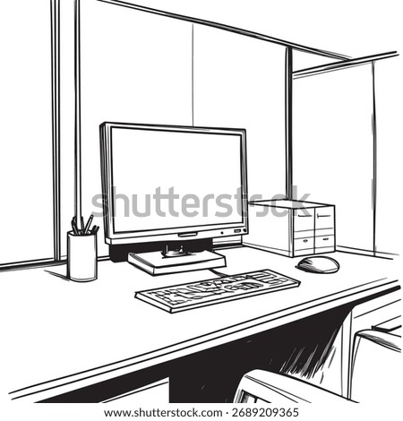 artistic vector illustration with simple lines of monitor in an office cubicle