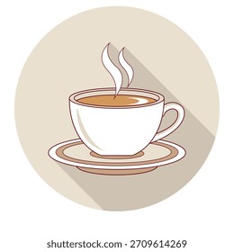 Una Ilustración vectorial artística de una taza humeante de café en un platillo, proyectando una sombra suave. Una Imagen sencilla y acogedora. Café, mañana y bebida 196