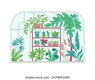 Artistic vector illustration of a vibrant greenhouse, showcasing an organized array of flourishing potted plants and lush greenery, neatly arranged on shelves and throughout the glass-enclosed space