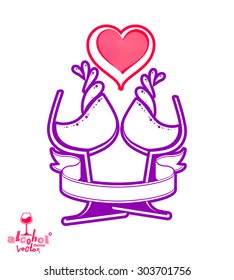 Artistic vector illustration of wineglasses with elegant loving heart and festive ribbon. Wedding couple concept,?? stylized empty goblets. 