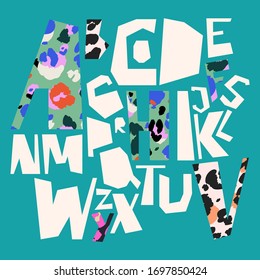 Artistic vector leopard print alphabet. Modern lettering. Hand-drawn isolated vector alphabet for web and print use. Stylish vibrant leopard pattern handwriting. Modern script. 
