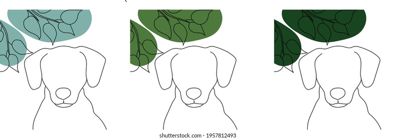 Artistic vector minimalistic illustration - linear portrait of a dog near tree branches on a white background