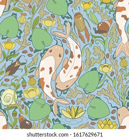 Artistic vector pattern. Fishes frolic fun in a flowering pond.
Seamless oriental texture with water Lily leaves, fishes and other water inhabitants.
Underwater wildlife repeating background. 