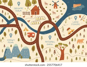 Artistic vector poster of local map showcasing wanderlust mood of hiking at natural landscape, hand drawn in flat style. Includes elements like trees, mountains, lake, farm, animals, and roads.