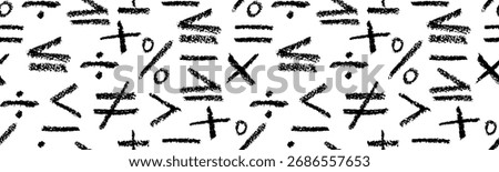 Artistic vector seamless background with sketchy chalk and crayon brush texture. Collection of calculus elements for school inequality signs, minus, divide, multiply, equal and percent icons isolated.
