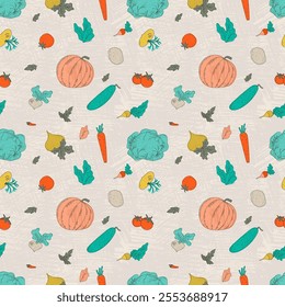 An artistic vector seamless pattern carefully hand picked featuring various vegetables in warming rustic style colored in green hues, set on textured beige background.