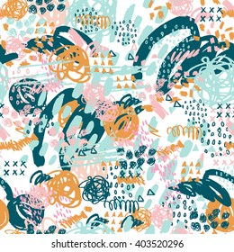 Artistic vector seamless pattern with Grunge Elements , Halftone dots, Ink Blots And Brush Strokes.Background for poster, cover booklet, banner, surface design.Wedding, anniversary, party invitations.