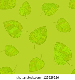 Artistic vector seamless pattern with stylized decorative leaves filled with tints of green