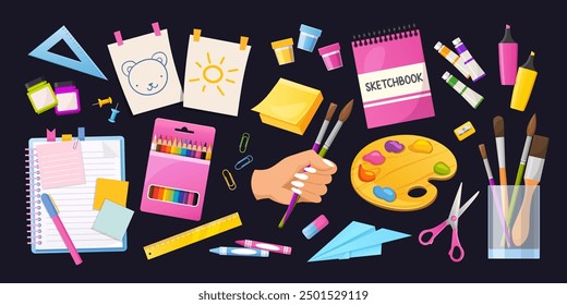 Artistic vector set with painting materials includes colored pencils, brushes, sketchbook, markers, notebook etc.