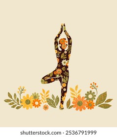 An artistic vector showing a yoga tree pose silhouette filled with a vintage floral pattern in autumn colors, standing among flowers and leaves on a beige background, creating a harmonious design.