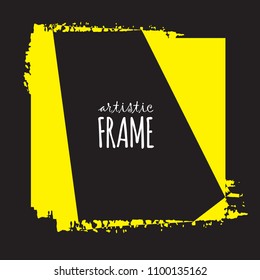 Artistic vector square yellow silhouette frame with empty space for text on black background. Abstract hand drawn brush painted border. Creative rectangular shape for logo, label, stamp, poster design