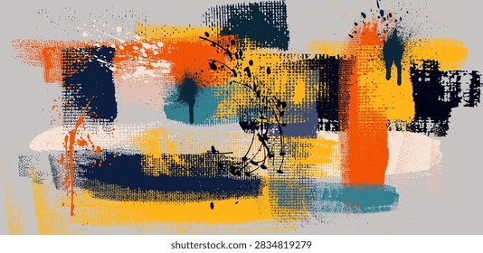 Artistic Vector Texture with Cross Hatching Strokes on Canvas. Abstract Yellow and Blue Oil, Acrylic Paint with Rough Grunge Texture, Light Hand Drawn Style. Creative Background for Posters, Branding.