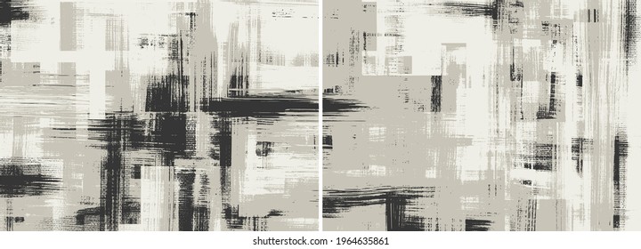 Artistic vector texture, irregular strokes on canvas. Modern abstract background designs set of two paintings. Grungy backdrops, light hand drawn monochrome pattern, wall art diptych