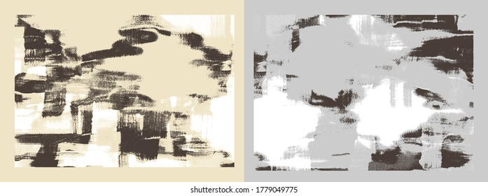 Artistic vector texture, paint strokes on canvas. Oil, acrylic set of two paintings. Abstract grungy backgrounds, light hand drawn monochrome pattern