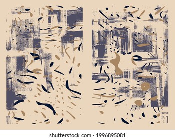 Artistic vector textures set, irregular drops and strokes on canvas. Oil, acrylic set of two paintings. Modern abstract background designs