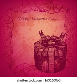 Artistic vector valentine background with ink style hand drawn decorative gift box with a bow