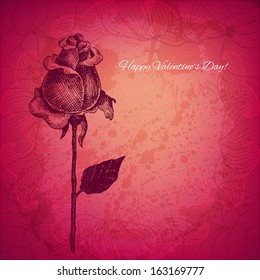 Artistic vector valentine background with ink style hand drawn rose flower